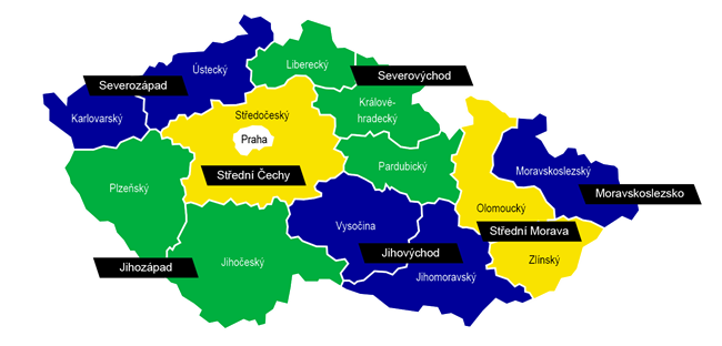 Regionální politika EU rozlišuje tyto regiony NUTS II v ČR (Zdroj: MMR)